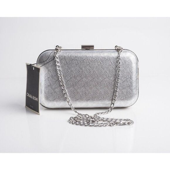 Chiara Boni Women Sliver Sparkle 40 Bianco Chain Leather Gloria Clutch Purse Box - Picture 1 of 8